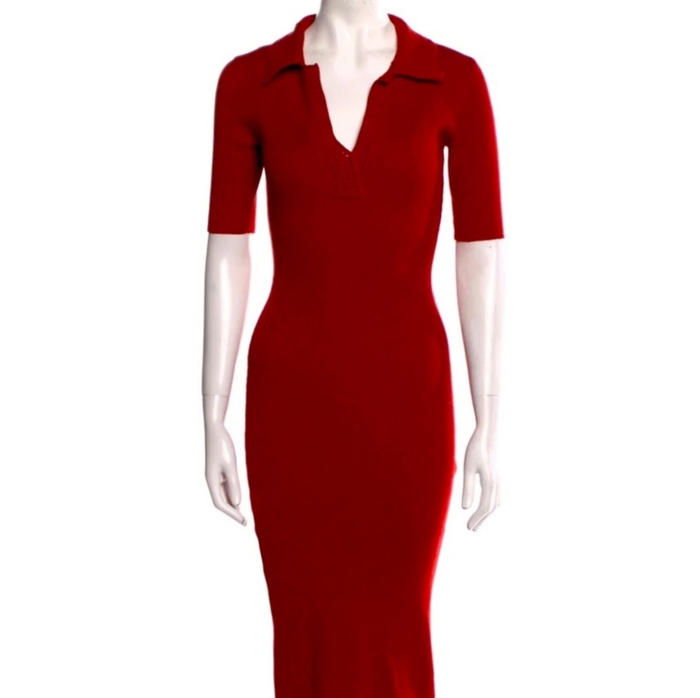 NWT CAROLINE CONSTAS Burnt Sienna Rib Knit Crochet Collar Polo Style Midi Dress